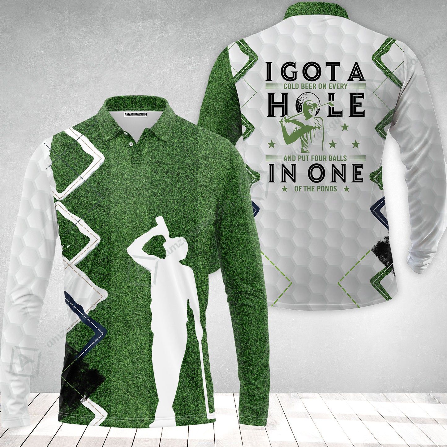 Golf Long Polo Shirt - Green Argyle Golf Shirt, I Got A Cold Beer On Every Hole In One Long Polo Shirt