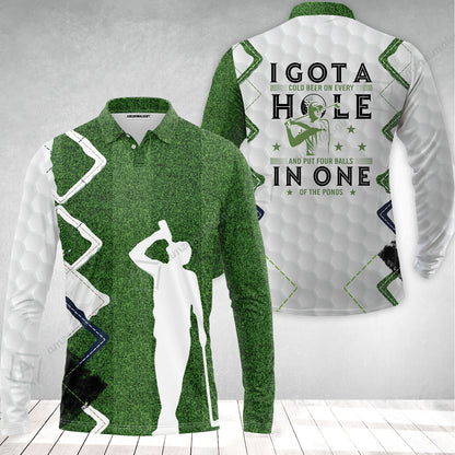 Golf Long Polo Shirt - Green Argyle Golf Shirt, I Got A Cold Beer On Every Hole In One Long Polo Shirt
