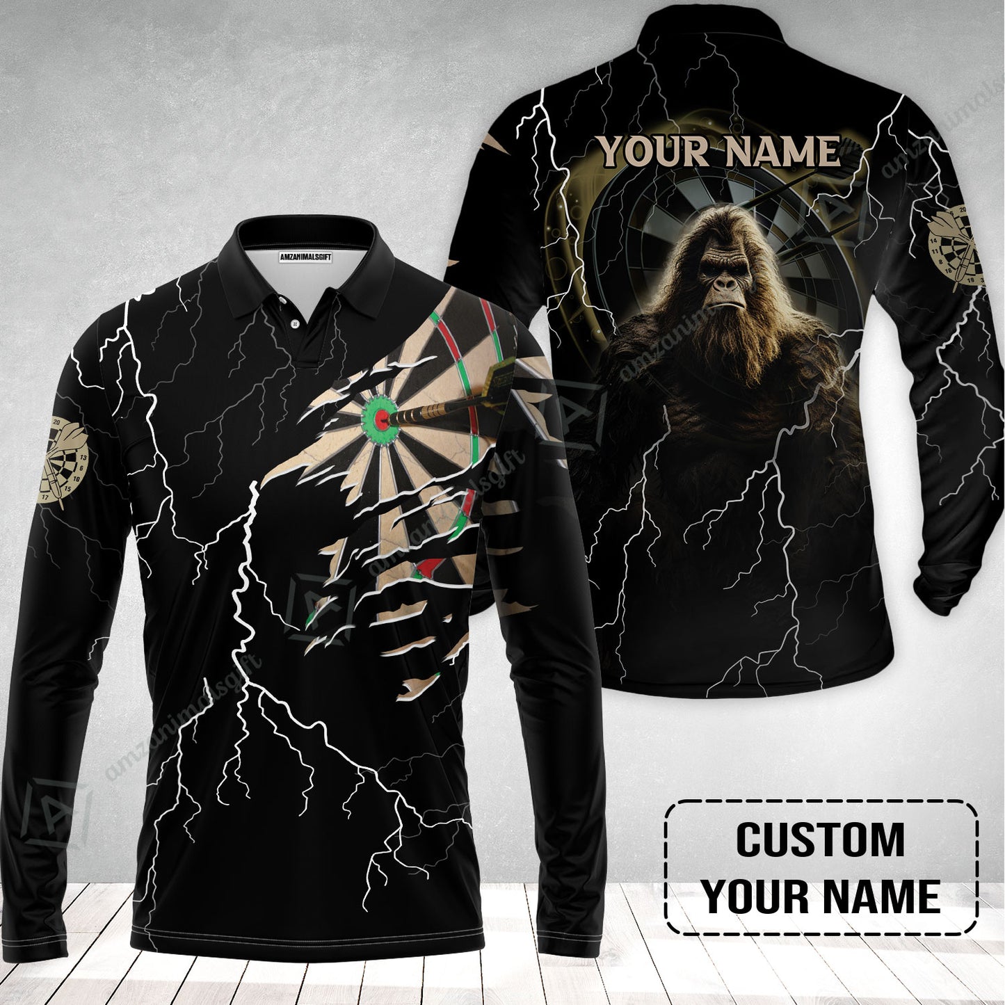 Customized Name Darts Long Polo Shirt, Bullseye Dartboard Personalized Bigfoot And Darts Long Polo Shirt