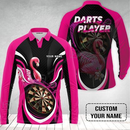 Customized Darts Long Polo Shirt, Flamingo Darts Shirt, Personalized Name Darts Long Polo Shirt