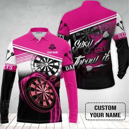 Personalized Darts Long Polo Shirt, Darts Pink Color Custom Name Shirt I'm Sexy And I Throw It, Outfits For Darts Players, Darts Team