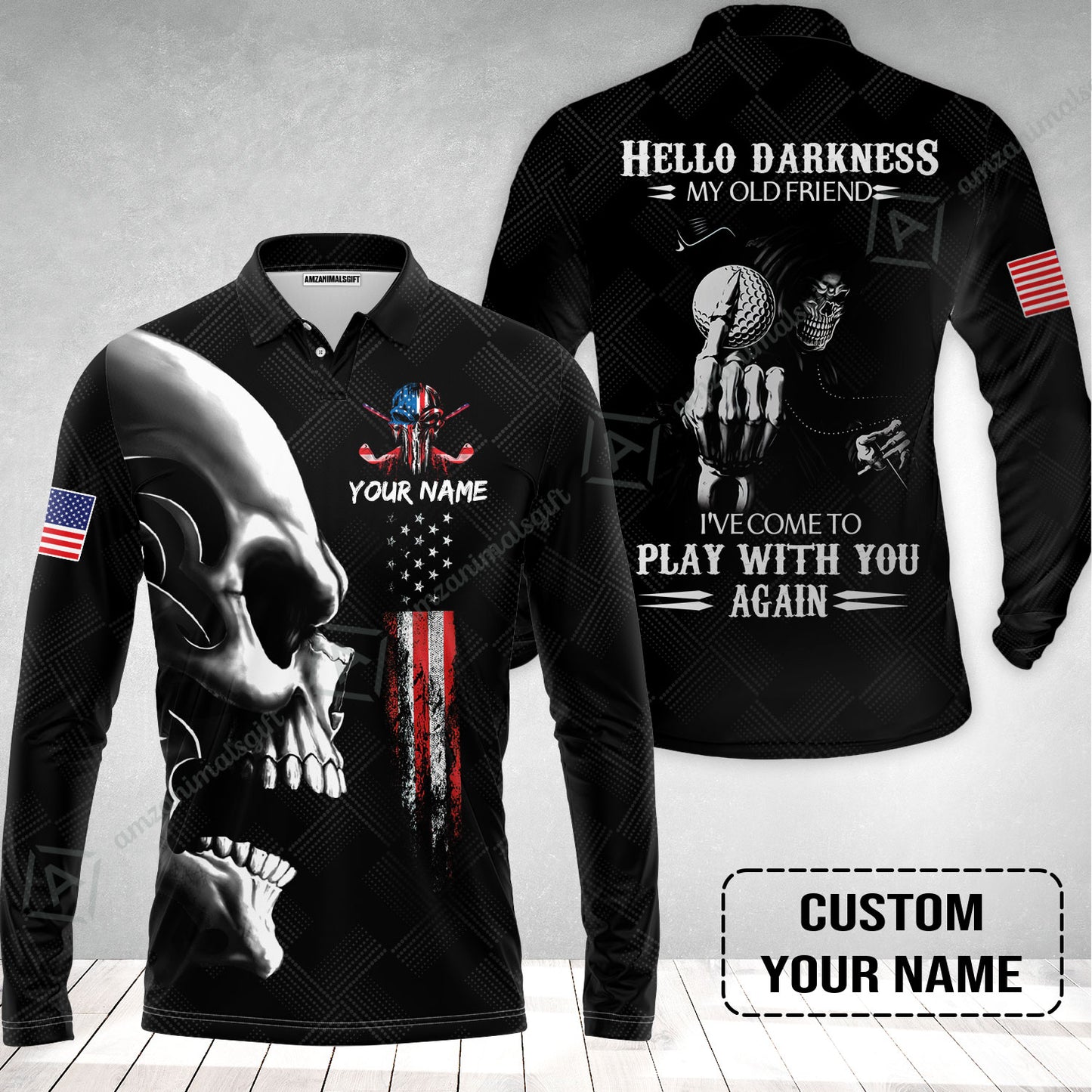 Personalized Golf Long Polo Shirt - Custom Name Skull Shirt, Golf American Flag Hello Darkness My Old Friend Long Polo Shirt