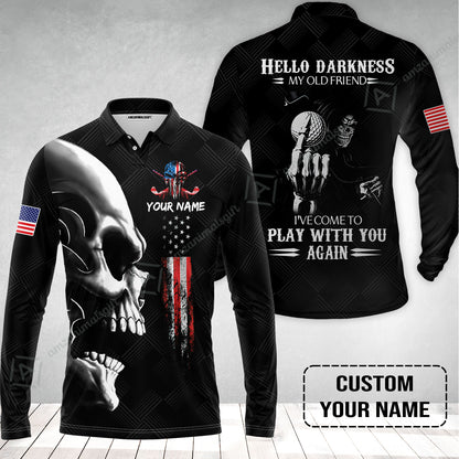 Personalized Golf Long Polo Shirt - Custom Name Skull Shirt, Golf American Flag Hello Darkness My Old Friend Long Polo Shirt