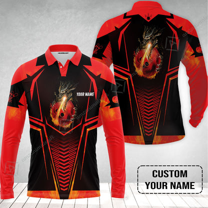 Bowling Custom Long Polo Shirt, Custom Name Dragon Fire Flame Personalized Bowling Long Polo Shirt