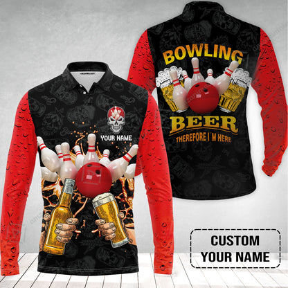 Bowling Long Polo Shirt Custom Name, Bowling and Beer Black Red Therefore I'm Here Personalized Long Polo Shirt