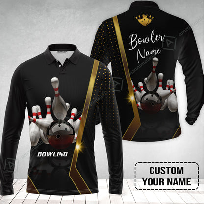 Customized Name Bowling Long Polo Shirt, Bowling Pin and Ball Personalized Bowling Long Polo Shirt