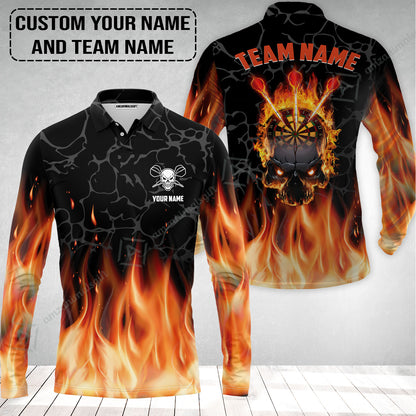 Personalized Darts Long Polo Shirt - Custom Name & Team Name Orange Flame Skull Darts Long Polo Shirt