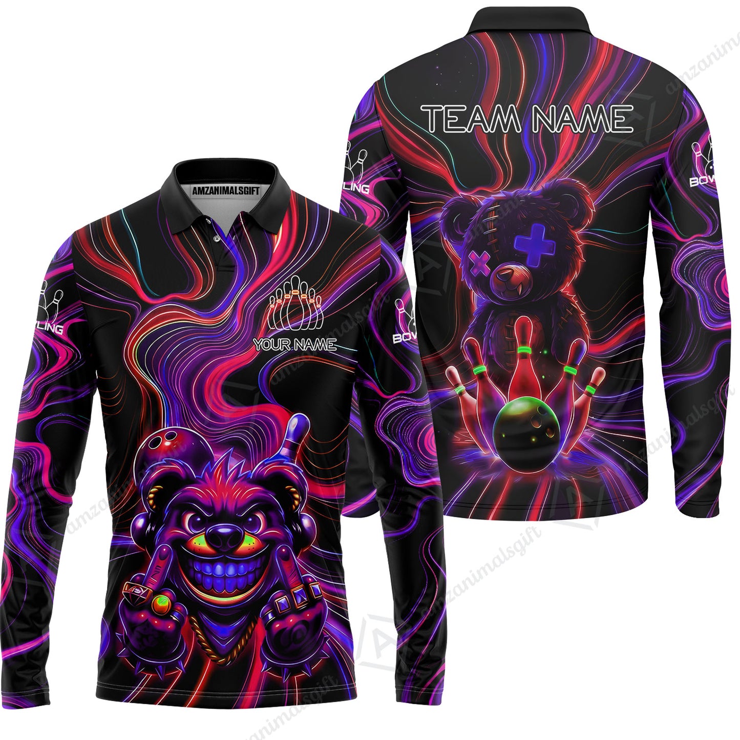 Customized Bowling Unisex Polo Shirt, Crazy Neon Bear Bowling Strike, Bowling Uniform - Personalized Name And Team Name