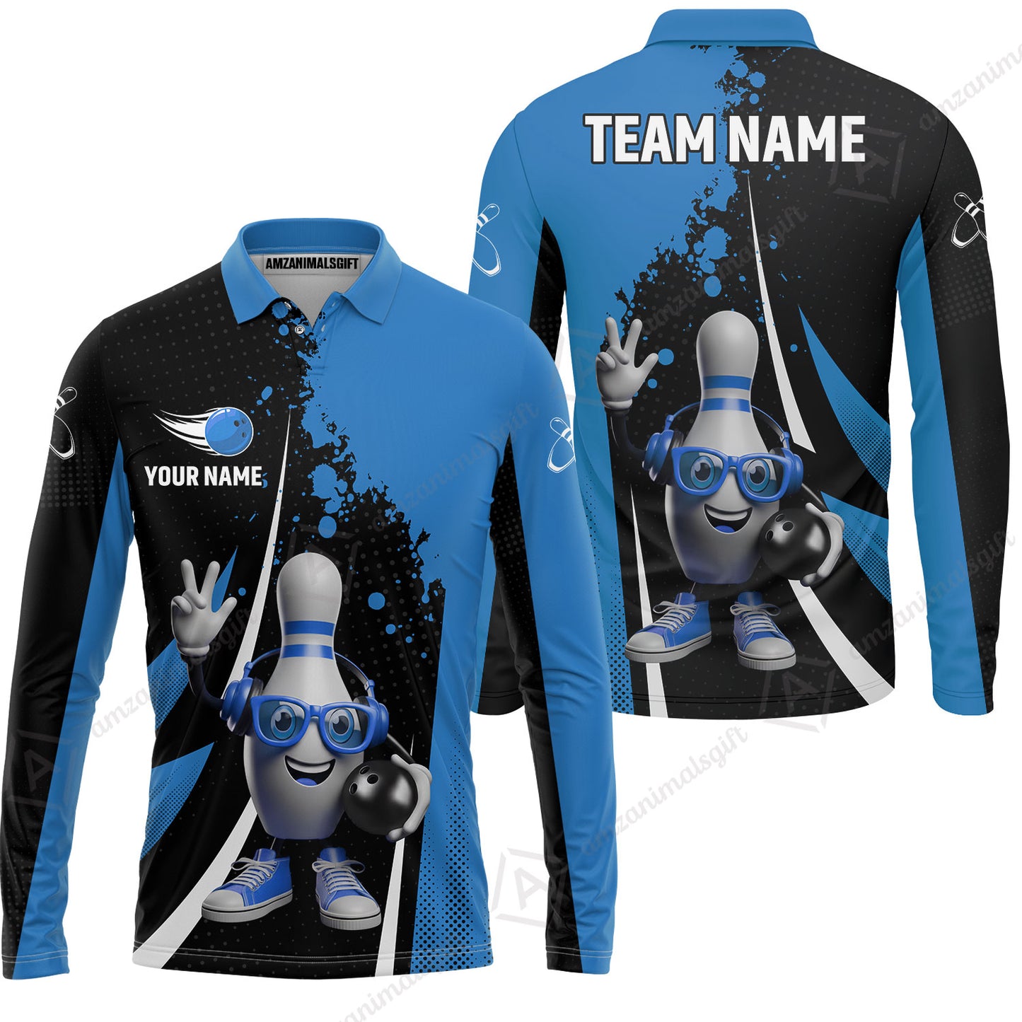 Customized Bowling Unisex Polo Shirt, Halftone Bowling Pin Wearing Headphones Sunglasses, Personalized Name And Team Name