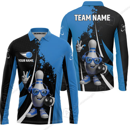 Customized Bowling Unisex Polo Shirt, Halftone Bowling Pin Wearing Headphones Sunglasses, Personalized Name And Team Name