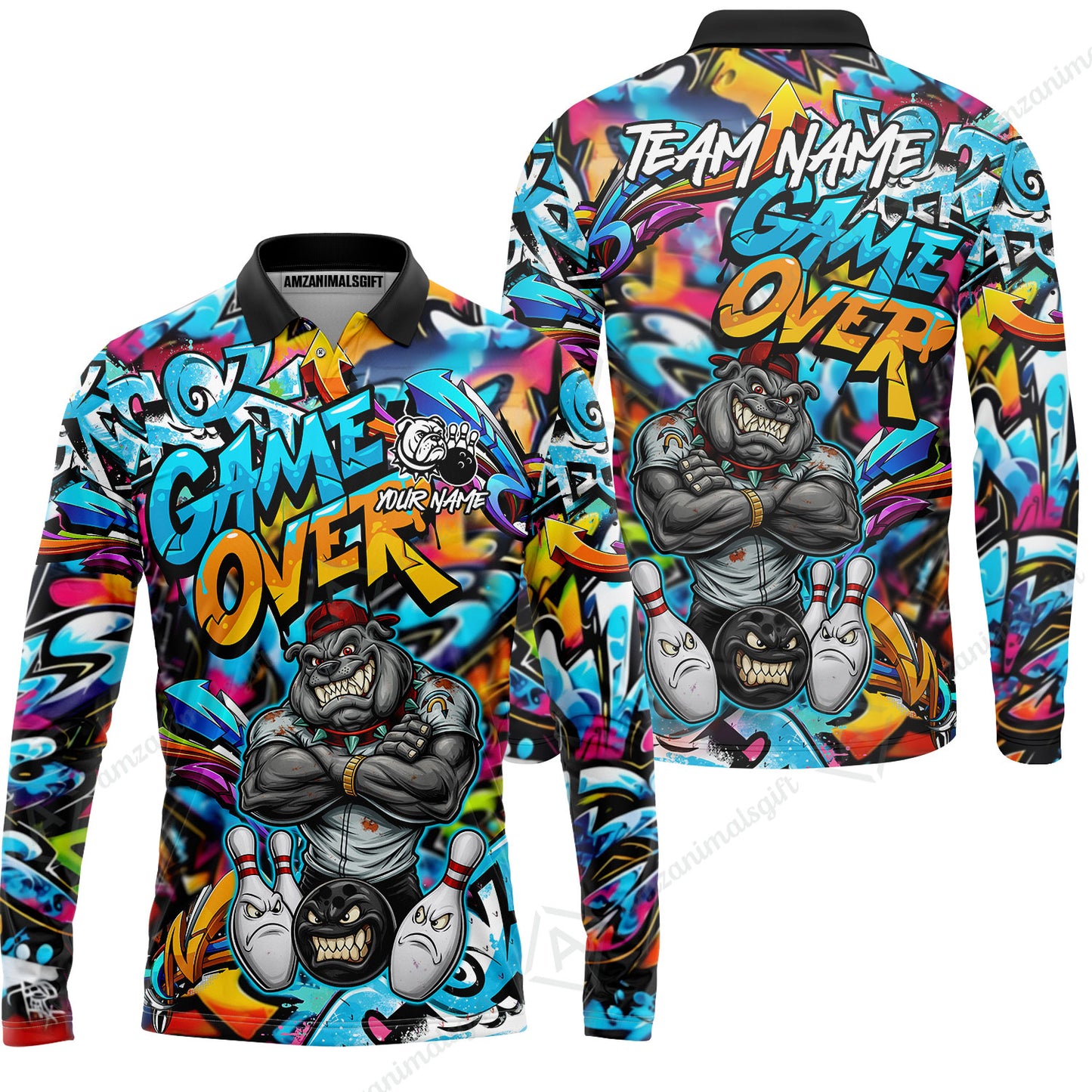 Customized Bowling Unisex Polo Shirt, Cool BullDog With Angry Bowling Game Over - Personalized Name And Team Name