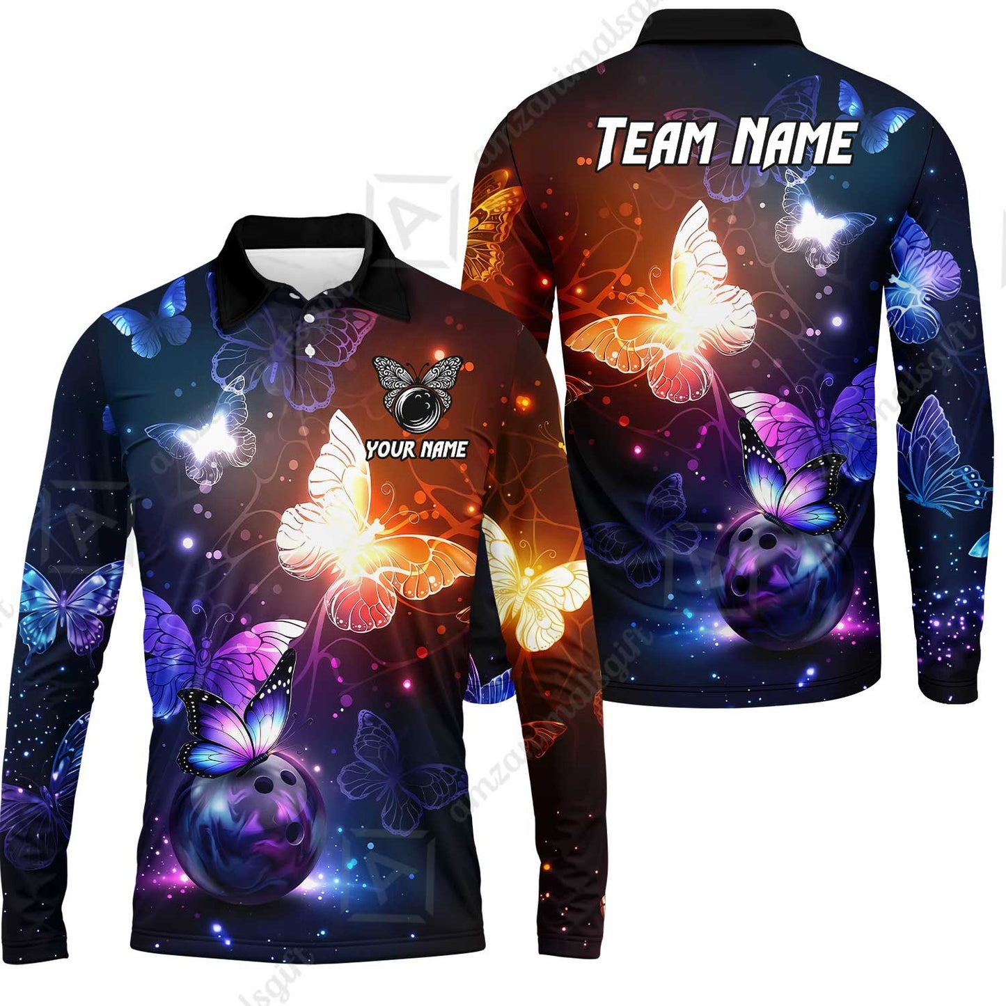 Custom Bowling Jersey Polo Shirt, Magical Glowing Butterfly Galaxy Pattern, Custom Bowling Jersey Team Shirt For Players With Name & Team Name