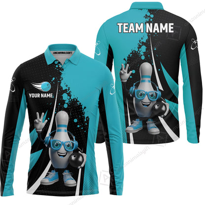 Customized Bowling Unisex Polo Shirt, Halftone Bowling Pin Wearing Headphones Sunglasses, Personalized Name And Team Name