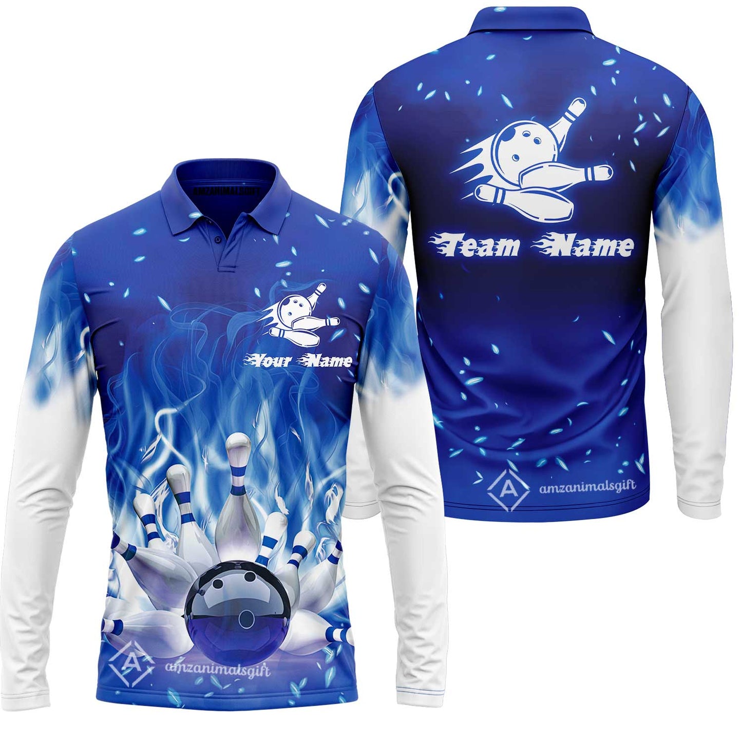 Bowling Men Polo Shirt Custom Name - Bowling On Blue Fire Personalized Bowling Polo Shirt