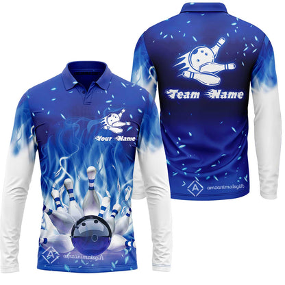 Bowling Men Polo Shirt Custom Name - Bowling On Blue Fire Personalized Bowling Polo Shirt