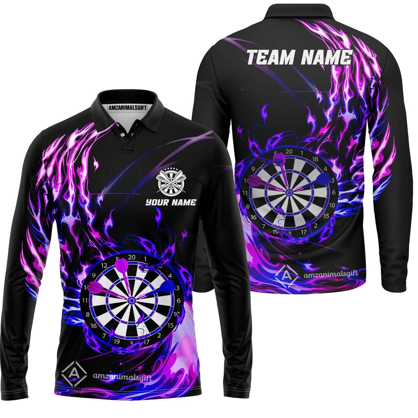 Personalized Darts Hawaiian Shirt - Custom Name & Team Name Darts Purple Fire Polo Shirt For Women, Darts Team, Darts Lover