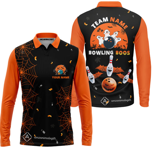 Customized Bowling Team Ball Halloween Moon Long Sleeve Polo Shirt, Bowling uniforms Bowling And Boos Funny Halloween Ghost Polo Shirts