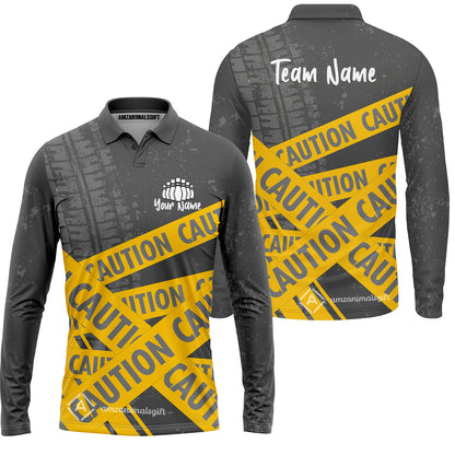 Custom Caution tape Bowling Team Jerseys Polo Shirts, Bright Yellow CAUTION Tape Bowling uniforms - Bowling Personalized Name And Team Name