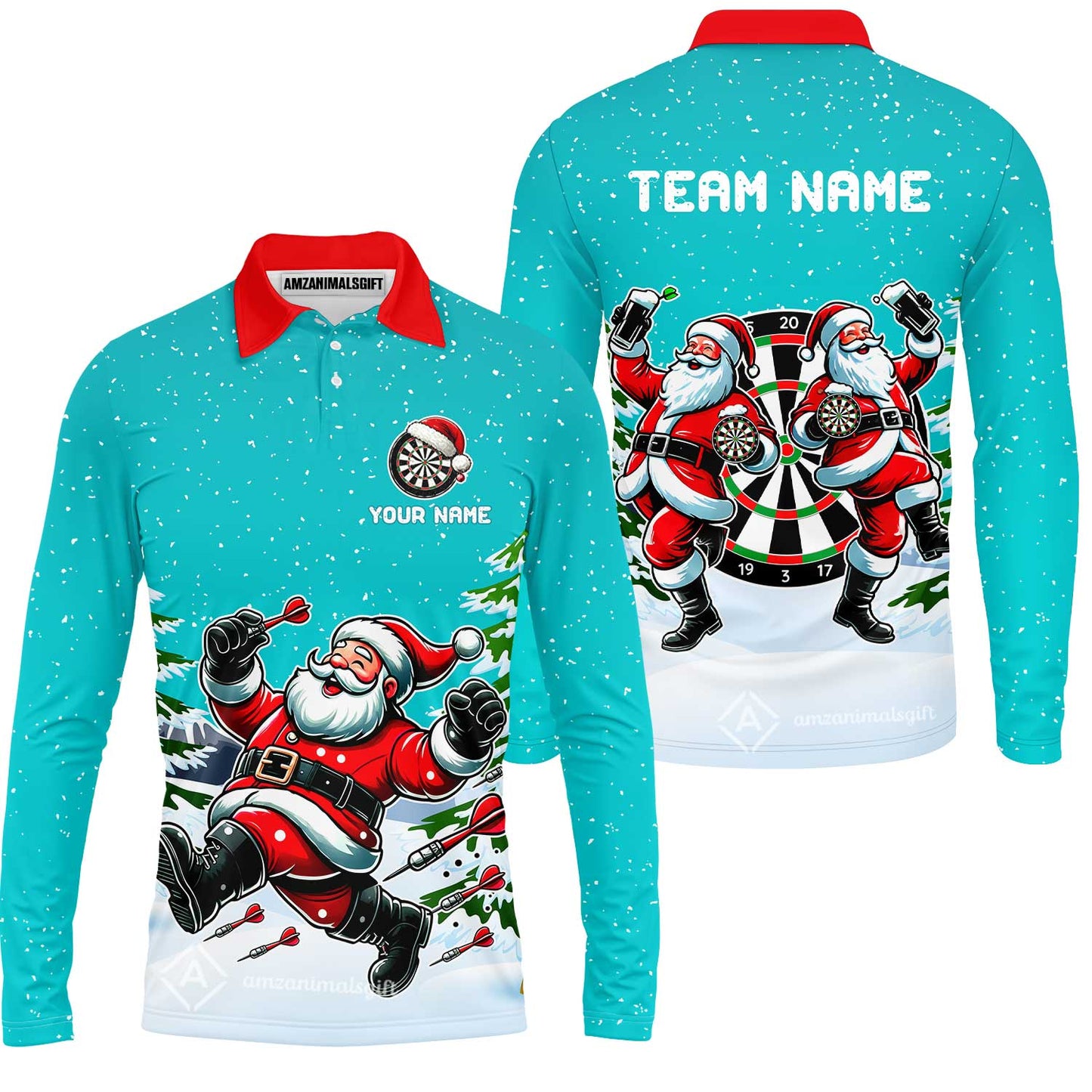 Custom Funny Santa Darts Team Unisex Polo Shirts, Darts uniforms Funny Santa Personalized Name And Team Name
