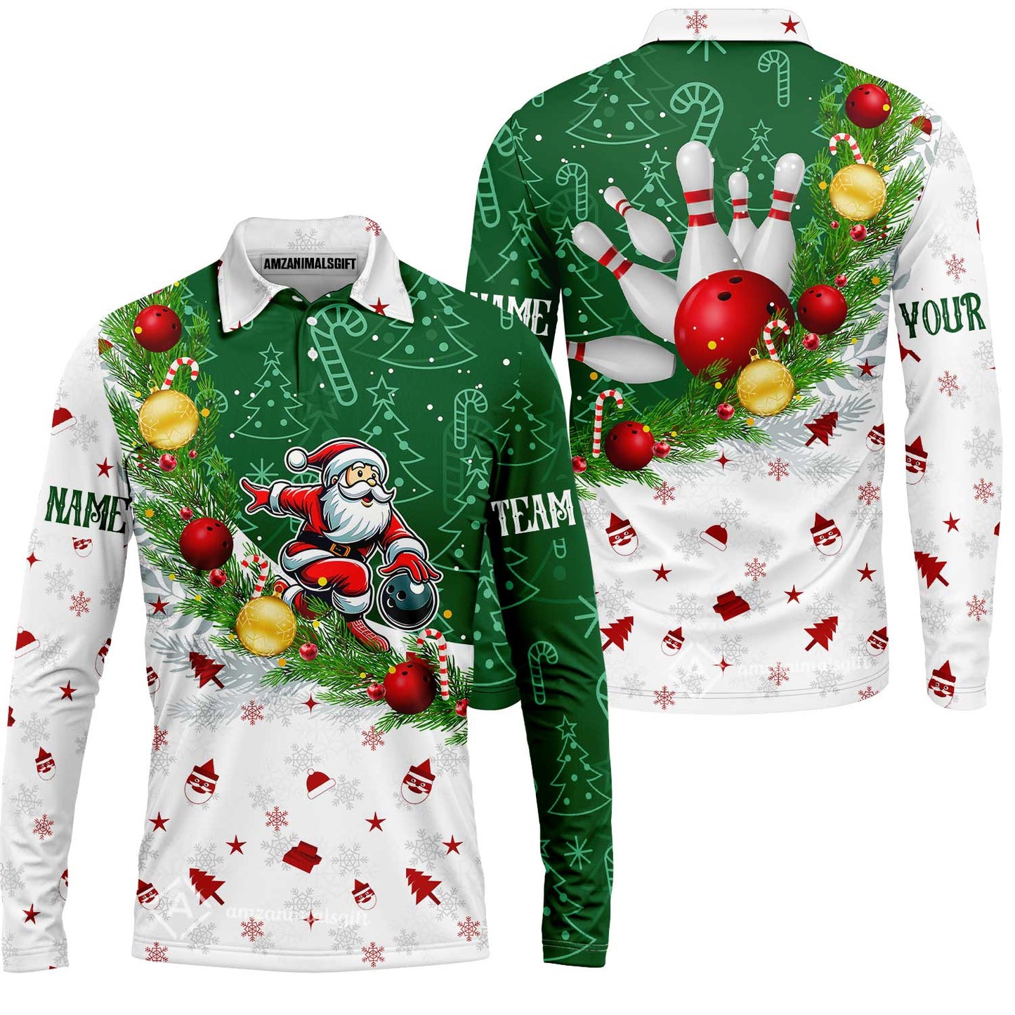 Custom Christmas Santa Bowling Team Jerseys Polo Shirts, Christmas Santa Bowling uniforms - Bowling Polo Personalized Name And Team Name