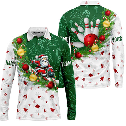 Custom Christmas Santa Bowling Team Jerseys Polo Shirts, Christmas Santa Bowling uniforms - Bowling Polo Personalized Name And Team Name