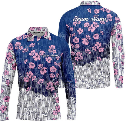 Customized Bowling Quarter-Zip Jersey Polo Shirts, Flowers Cherry Blossom Bowling Shirt For Tournament Team Men Women Bowlers