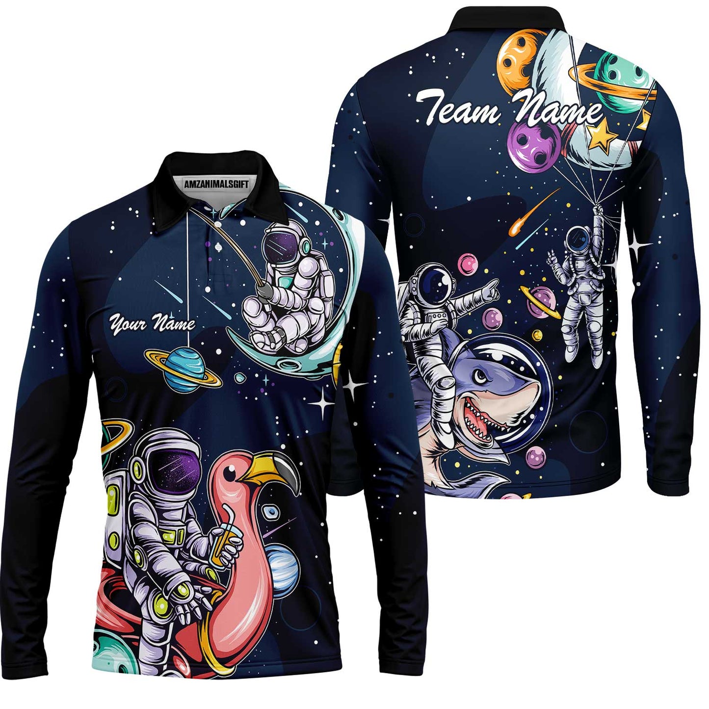 Customized Bowling Unisex Polo Shirt, Galaxy Astronaut, Bowling Uniforms, Personalized Name And Team Name