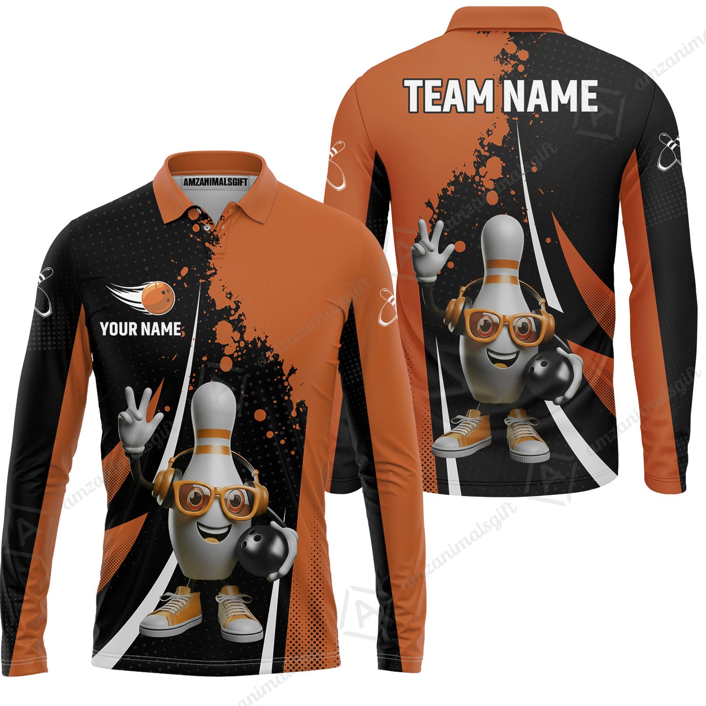 Customized Bowling Unisex Polo Shirt, Halftone Bowling Pin Wearing Headphones Sunglasses, Personalized Name And Team Name