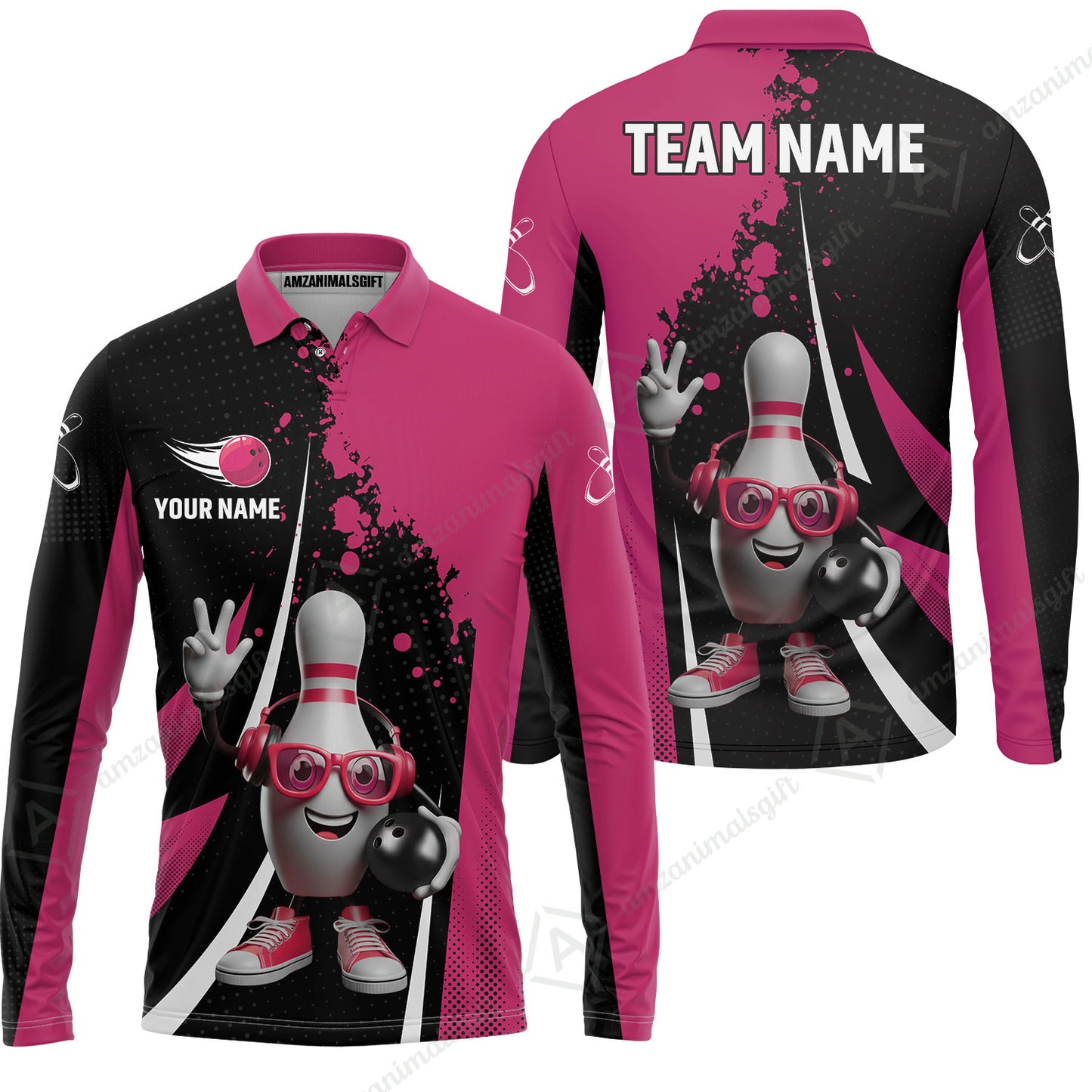 Customized Bowling Unisex Polo Shirt, Halftone Bowling Pin Wearing Headphones Sunglasses, Personalized Name And Team Name