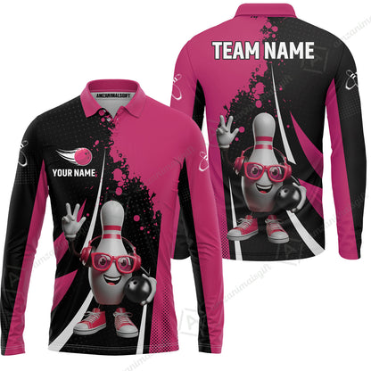 Customized Bowling Unisex Polo Shirt, Halftone Bowling Pin Wearing Headphones Sunglasses, Personalized Name And Team Name