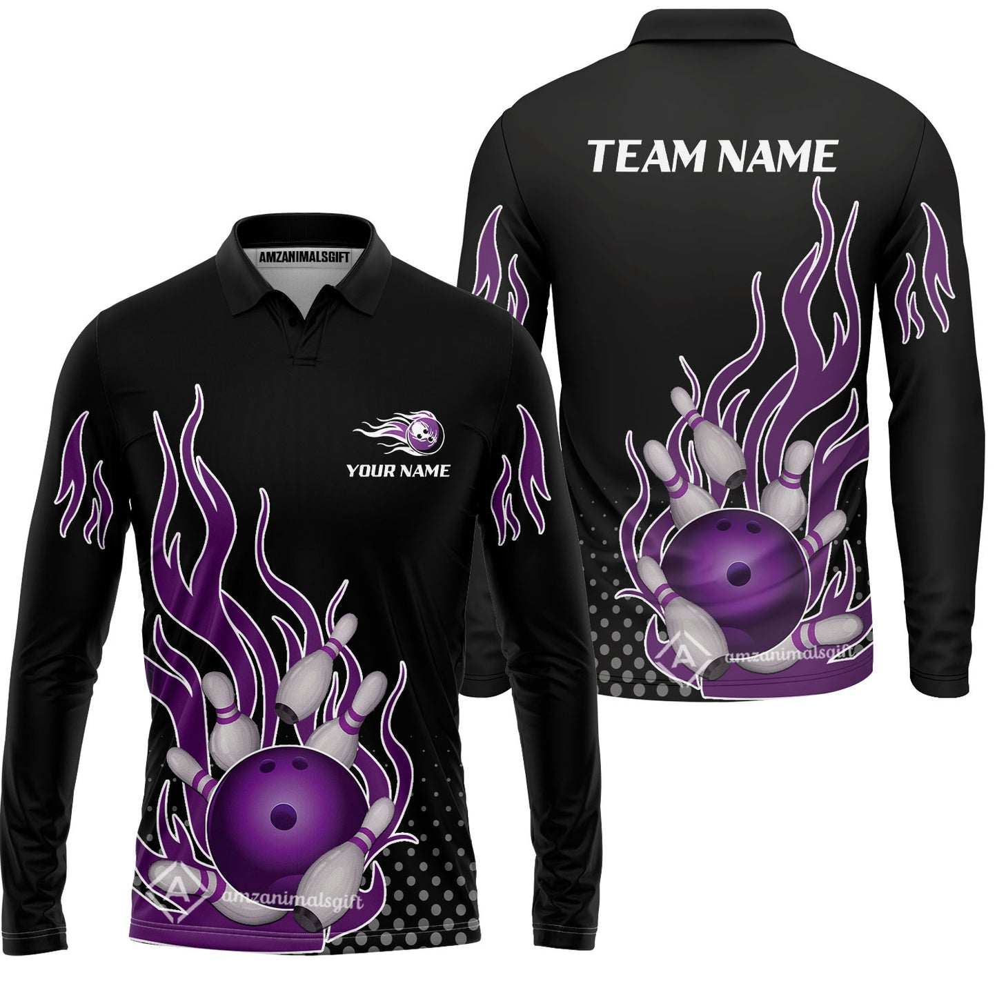 Customized Bowling Team Purple Flame Long Sleeve Polo Shirt, Bowling uniforms Bowling Flame Quarter-Zip Polo Shirts