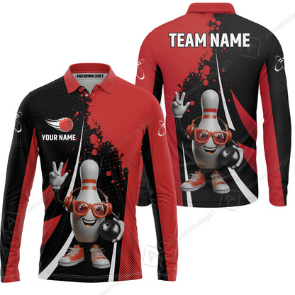 Customized Bowling Unisex Polo Shirt, Halftone Bowling Pin Wearing Headphones Sunglasses, Personalized Name And Team Name