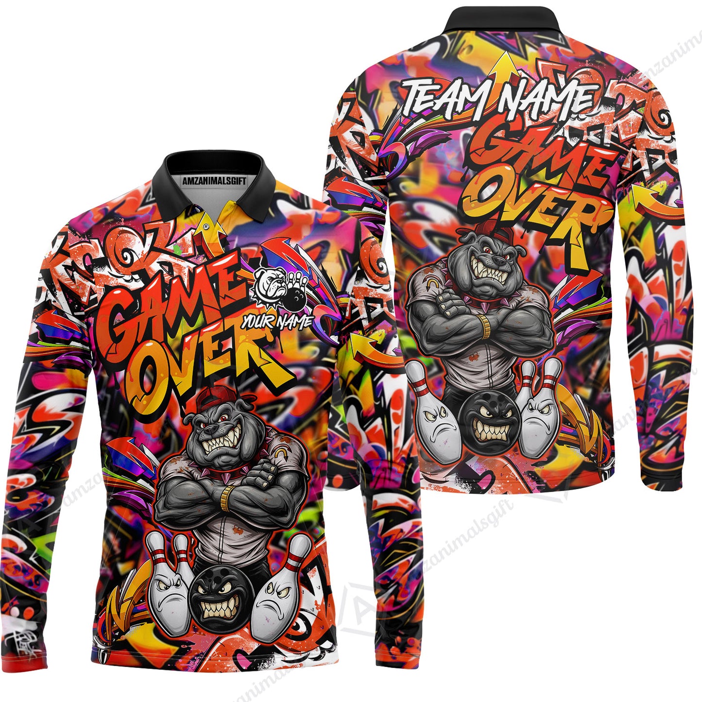 Customized Bowling Unisex Polo Shirt, Cool BullDog With Angry Bowling Game Over - Personalized Name And Team Name