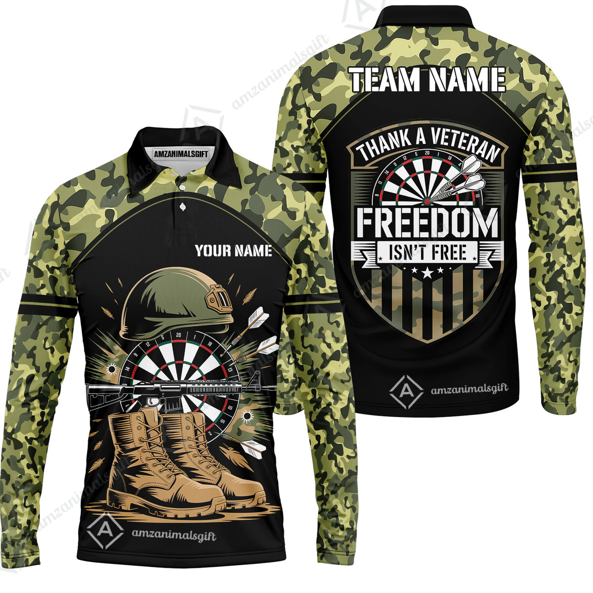 Custom Military Green Camouflage Dartboard Collar Quater-Zip Jersey Team Shirts, Customized Name Team Name Darts Team Jerseys Uniform