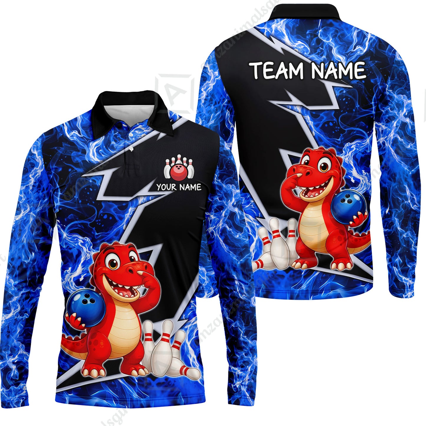 Custom Bowling Jersey Polo Shirt, Fire Lightning Dino Strike, Custom Bowling Jersey Team Shirt For Players With Name and Team Name