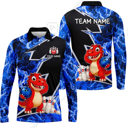 Custom Bowling Jersey Polo Shirt, Fire Lightning Dino Strike, Custom Bowling Jersey Team Shirt For Players With Name and Team Name
