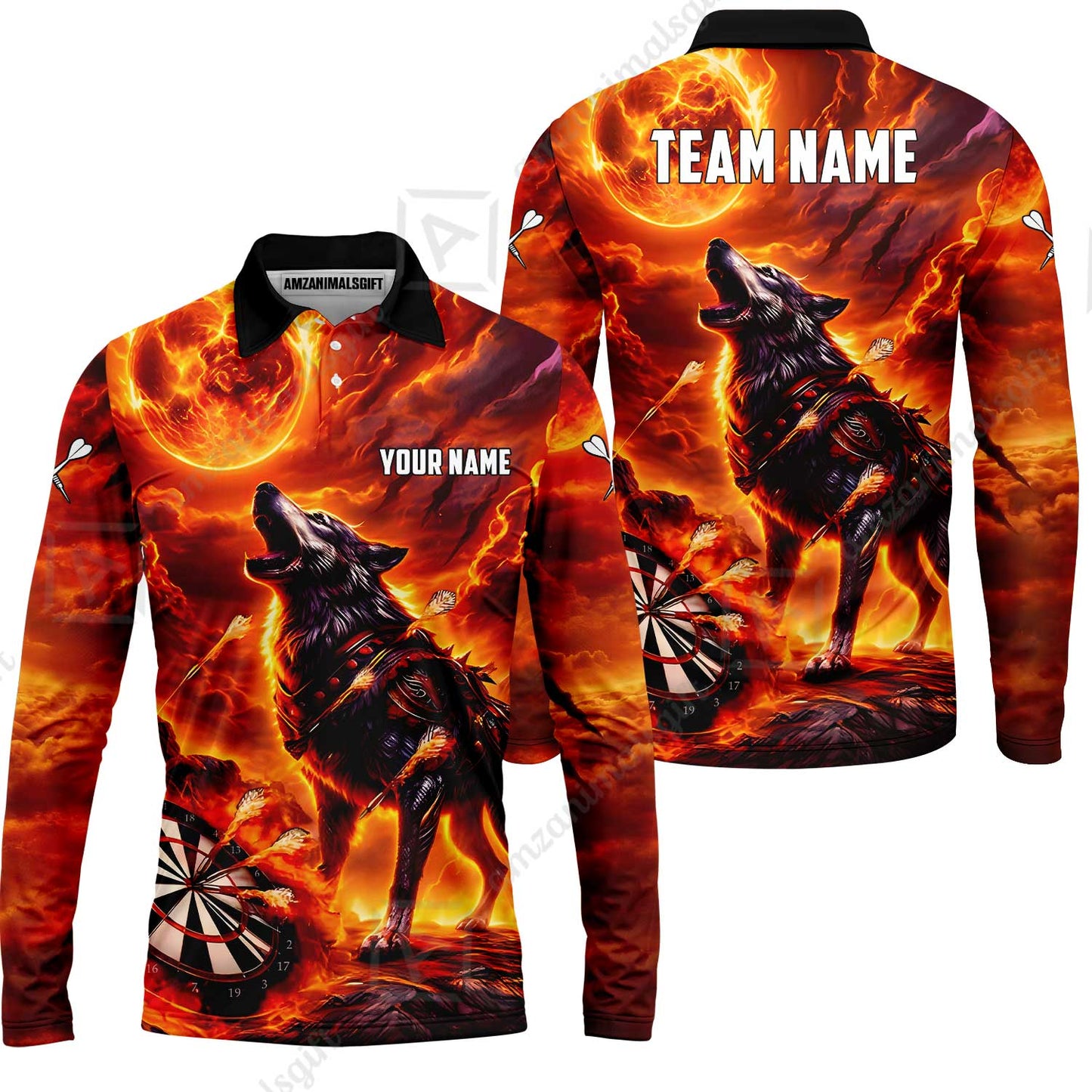 Custom Darts Team Jersey, Personalized Flaming Wolf Jersey Shirt For Players With Name & Team Name