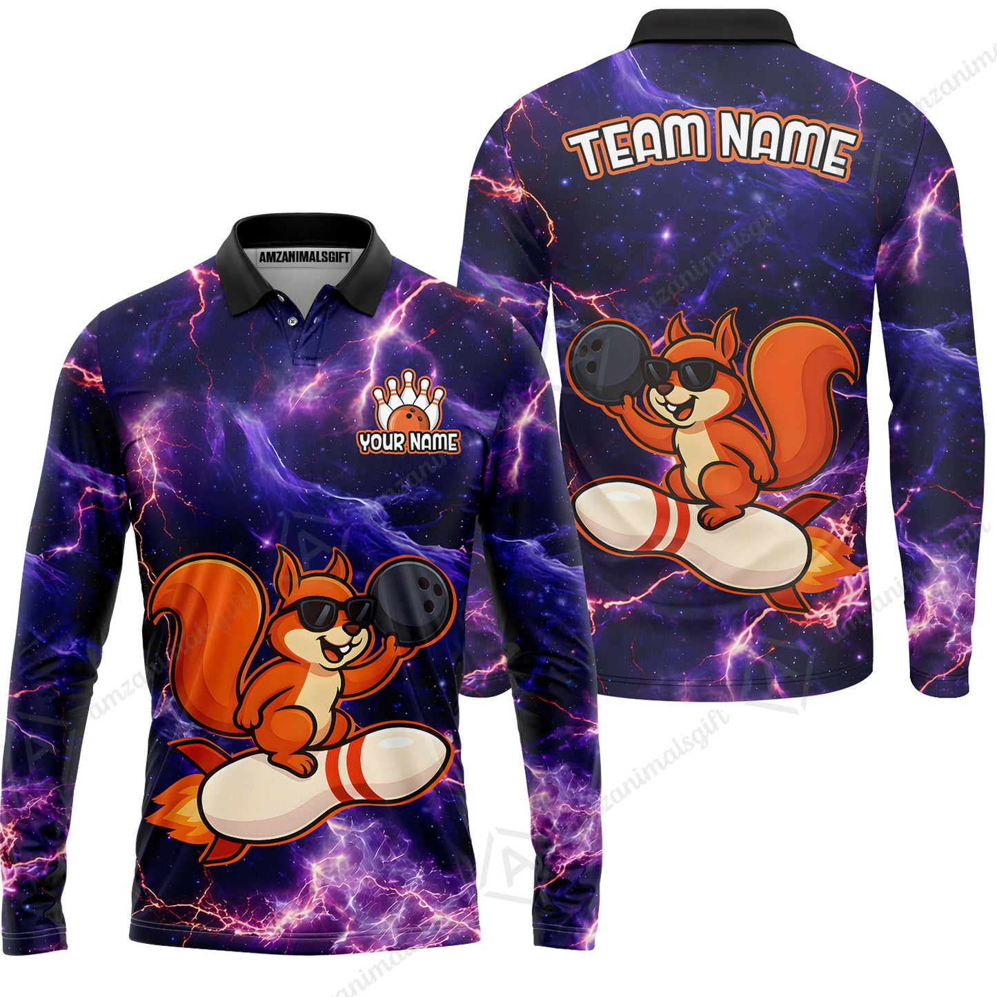 Funny Bowling Custom Polo T-Shirt - Fun Cartoon Purple Galaxy With Lightning Squirrel Wearing Sunglasses, Personalized Bowling Jersey Polo Shirts