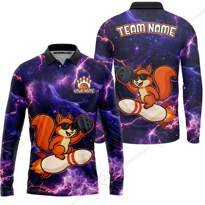 Funny Bowling Custom Polo T-Shirt - Fun Cartoon Purple Galaxy With Lightning Squirrel Wearing Sunglasses, Personalized Bowling Jersey Polo Shirts