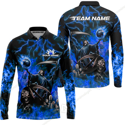 Custom Bowling Team Quarter-Zip Polo Shirt, Grim Reaper Skull With Flame Bowling Lightning Design for Bowlers, Personalized Shirt with Name and Team Name