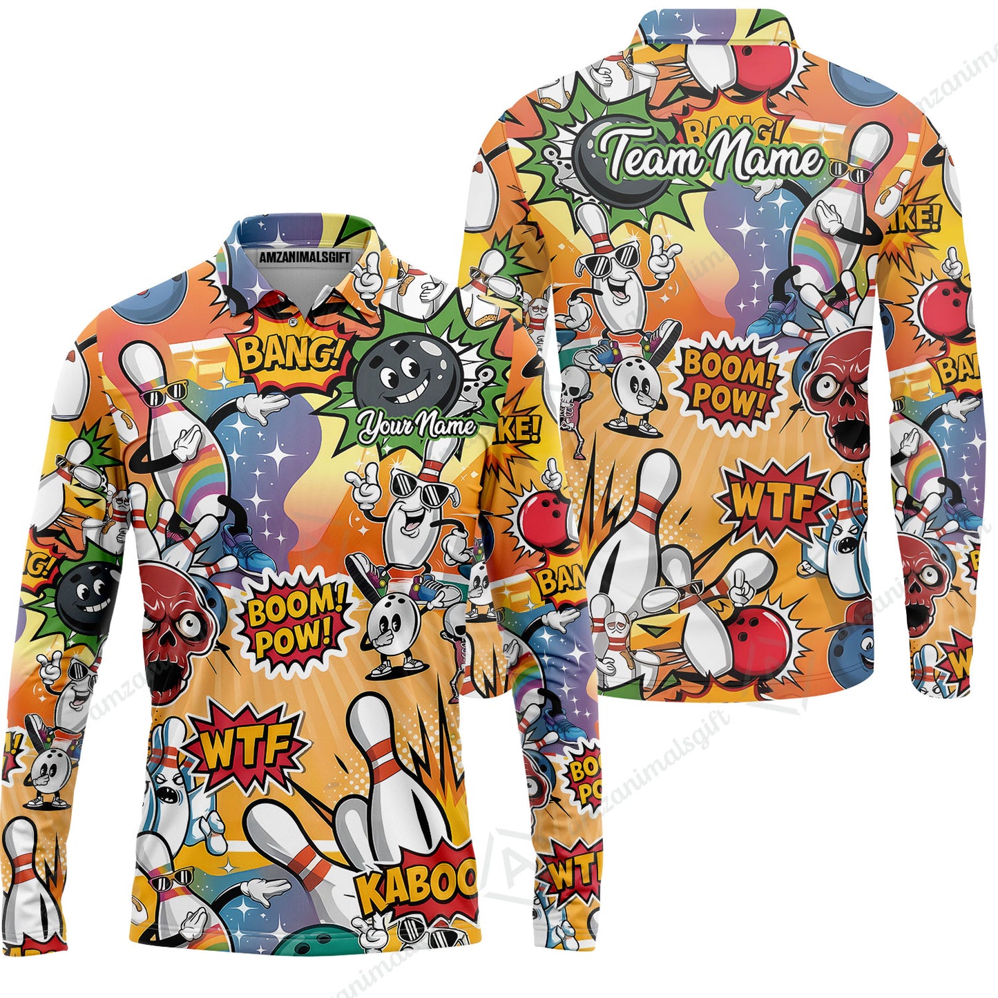 Custom Bowling Jersey Polo Shirt, Pop Art Bowling Blast Custom Bowling Jersey Team Shirt For Players With Name & Team Name