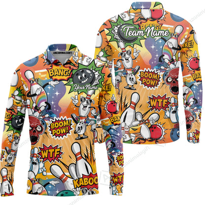 Custom Bowling Jersey Polo Shirt, Pop Art Bowling Blast Custom Bowling Jersey Team Shirt For Players With Name & Team Name