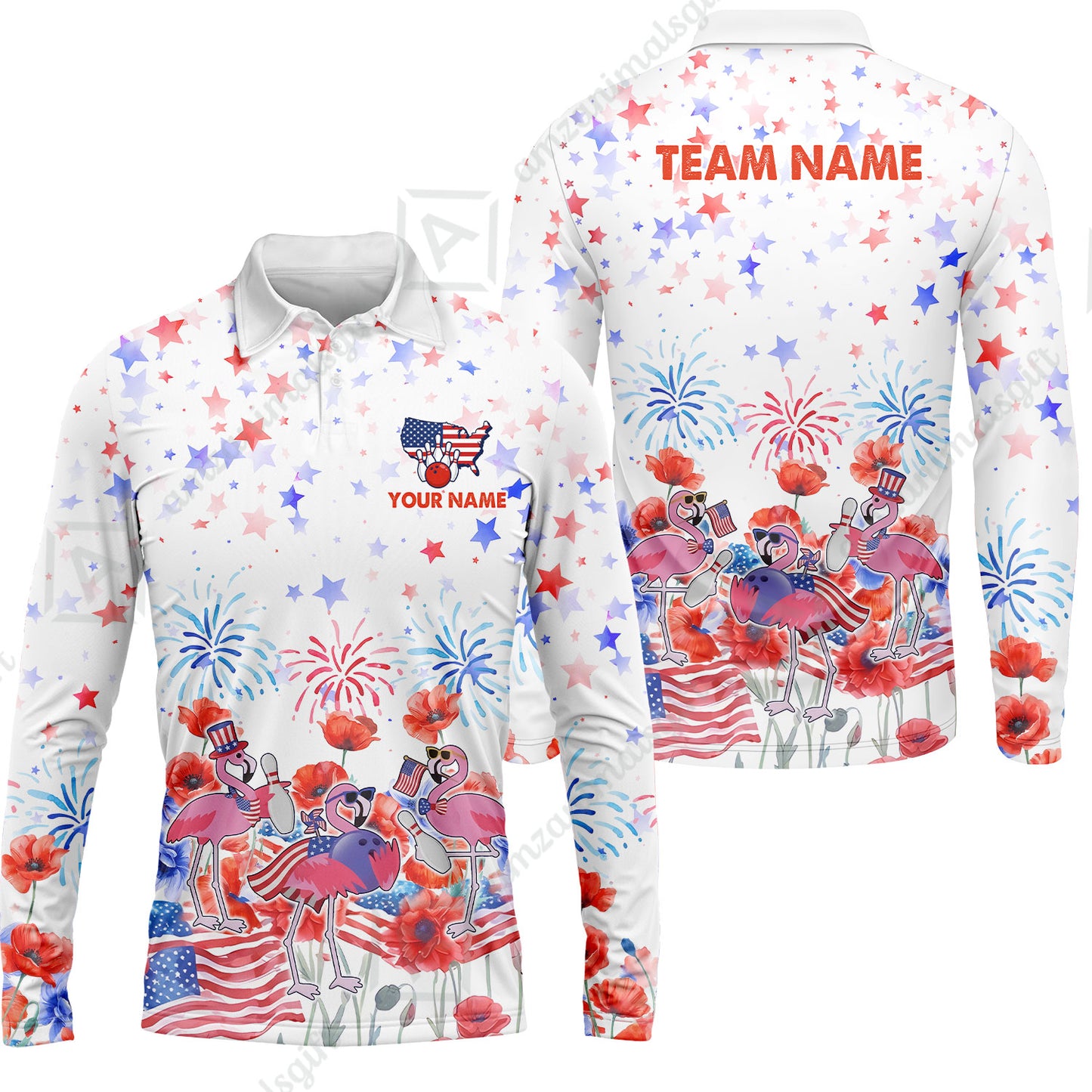 Custom Bowling Jersey Polo Shirt, 4th of July Flamingo Bowling, Custom Bowling Jersey Team Shirt For Players With Name & Team Name