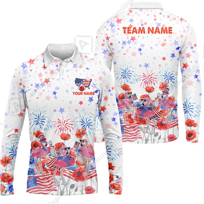 Custom Bowling Jersey Polo Shirt, 4th of July Flamingo Bowling, Custom Bowling Jersey Team Shirt For Players With Name & Team Name