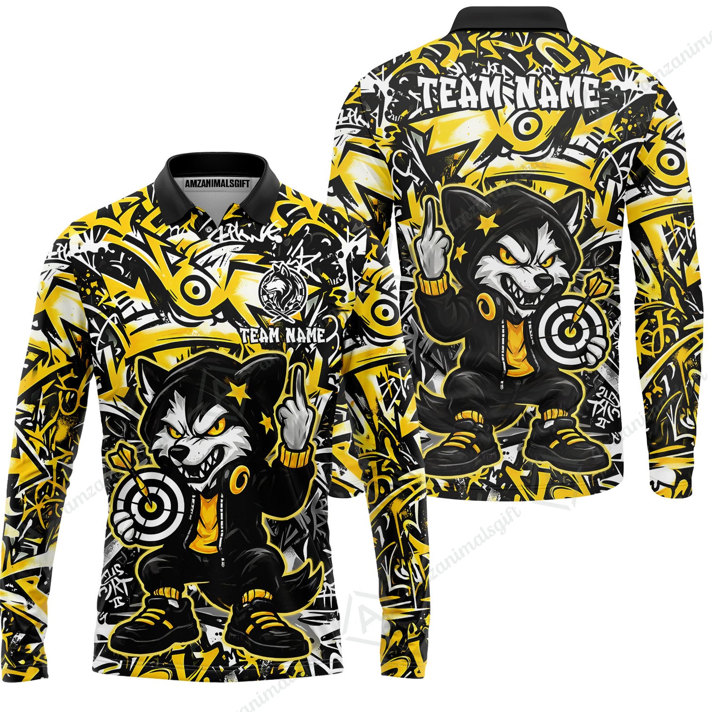 Customized Darts Team Uniform Shirt, Cool Cartoon Wolf With Dartboard, Personalized Name And Team Name