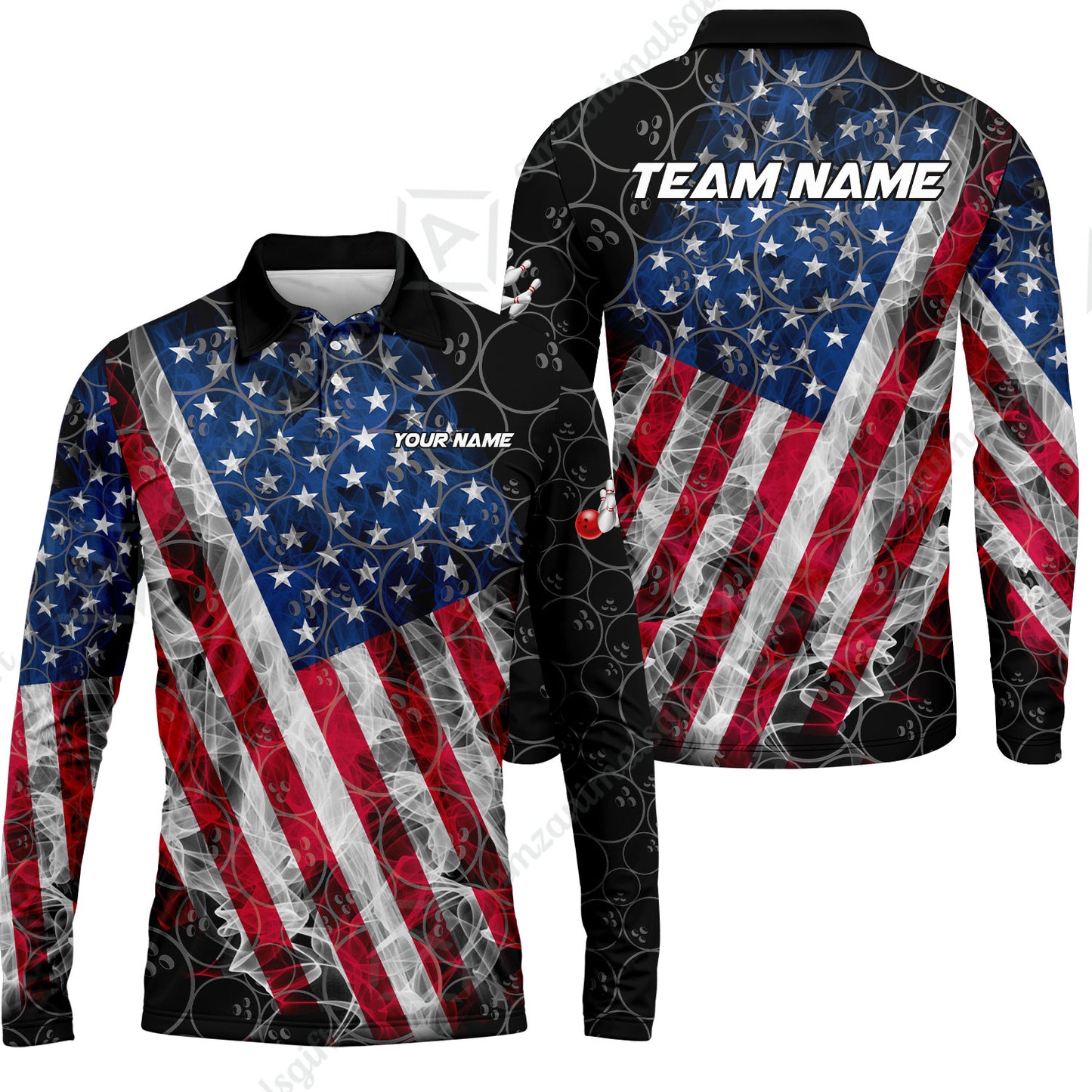 Custom Bowling Jersey Polo Shirt, Patriotic Smokey American Flag, Custom Bowling Jersey Team Shirt For Players With Name & Team Name