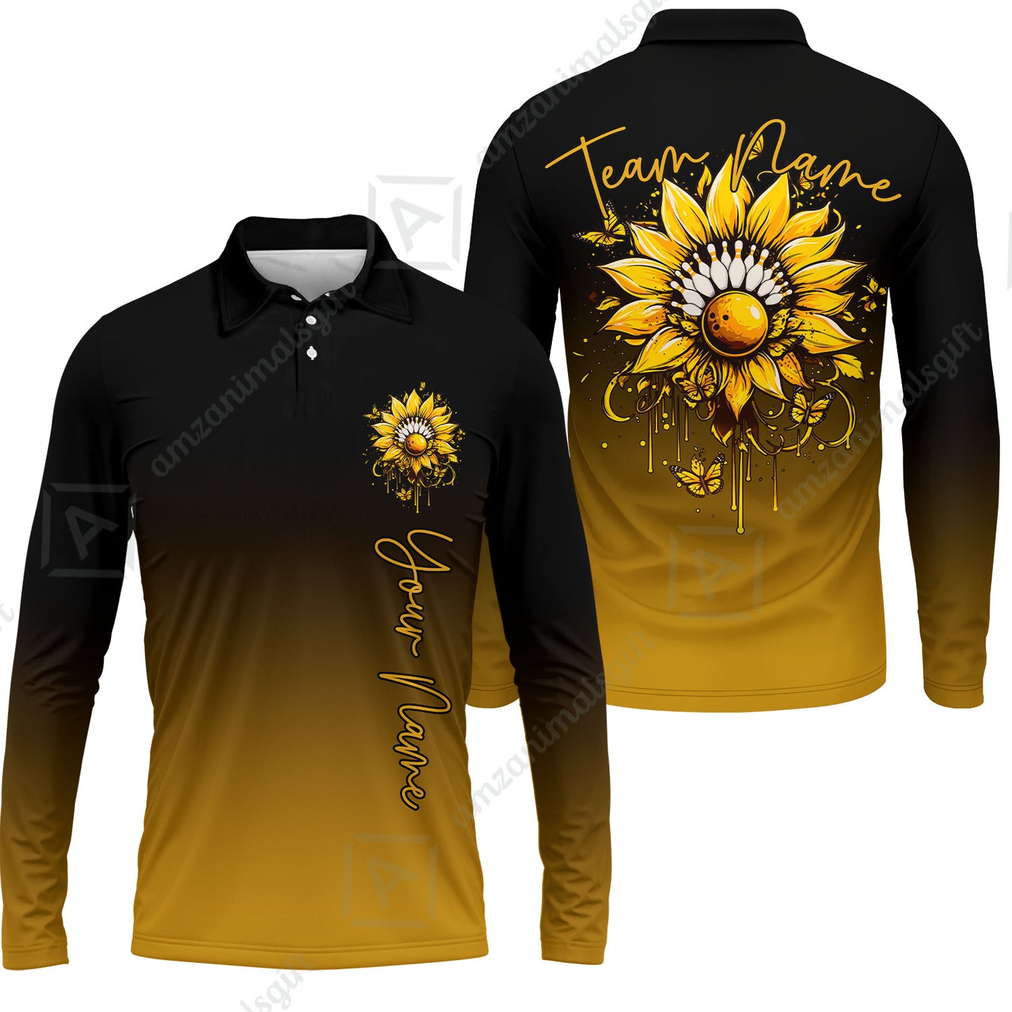 Custom Bowling Jersey Polo Shirt, Sunflower Bowling Pin Gradient Background, Custom Bowling Jersey Team Shirt For Players With Name and Team Name