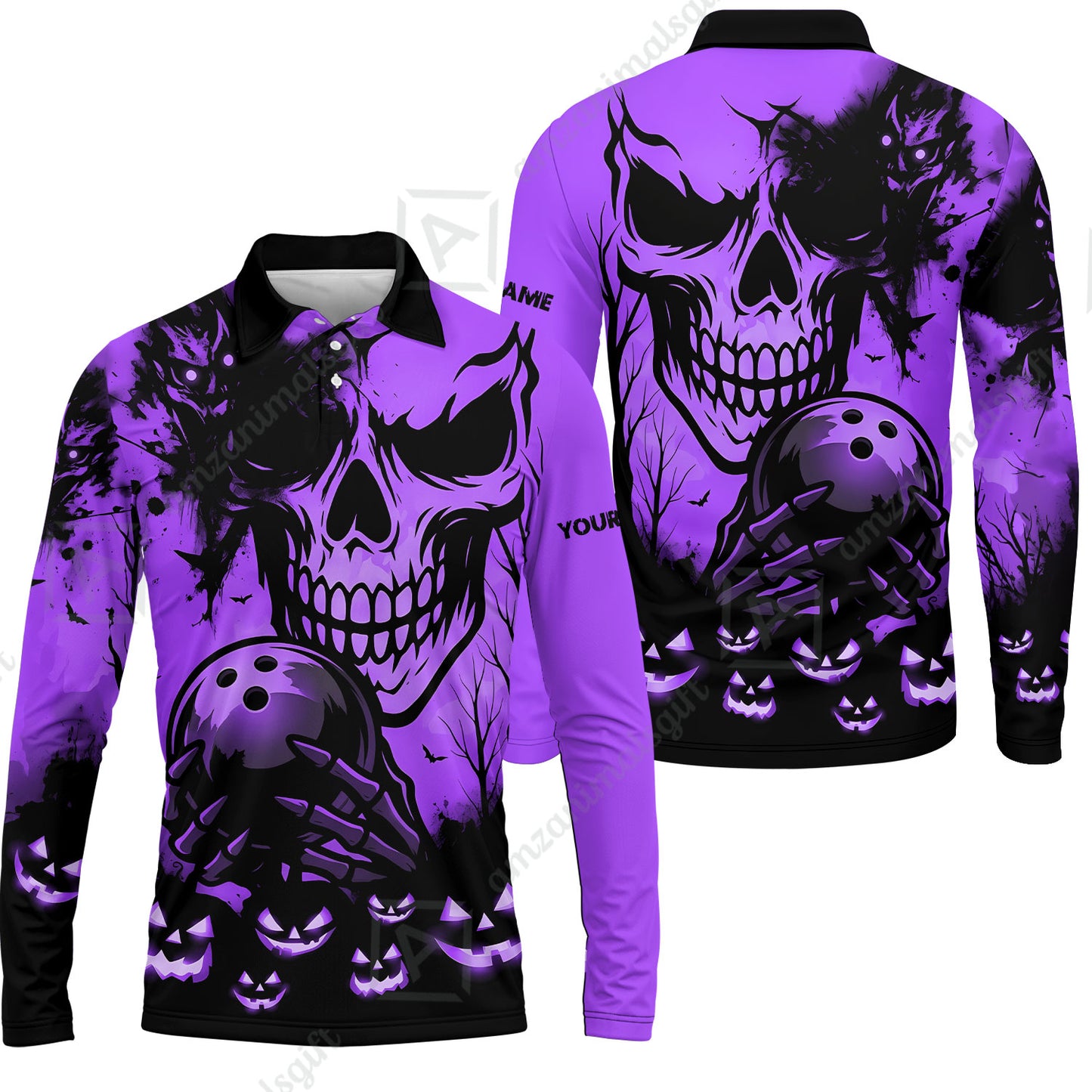 Custom Bowling Jersey Polo Shirt, Pumpkins Skull Halloween, Custom Bowling Jersey Team Shirt For Players With Name & Team Name