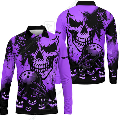 Custom Bowling Jersey Polo Shirt, Pumpkins Skull Halloween, Custom Bowling Jersey Team Shirt For Players With Name & Team Name