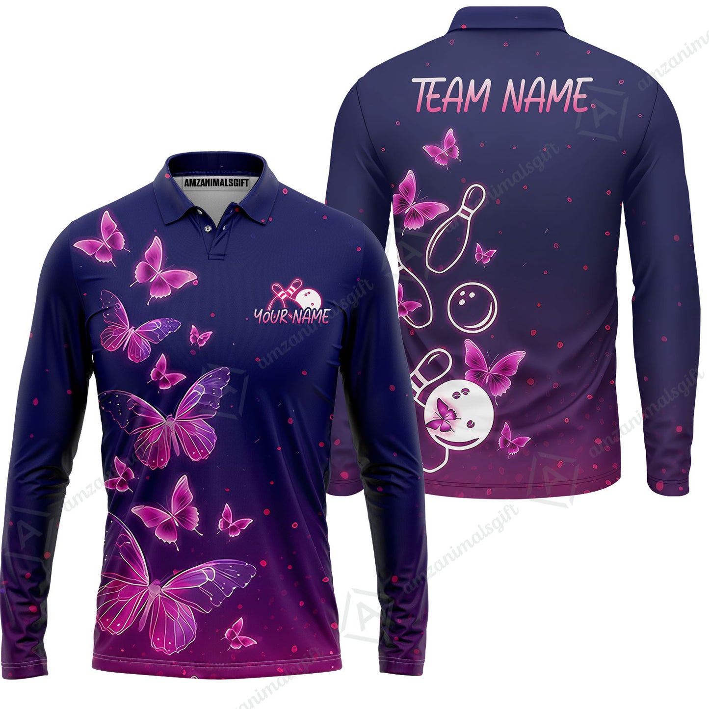 Custom Bowling Jersey Polo Shirt, Neon Butterfly Bowling, Custom Bowling Jersey Team Shirt